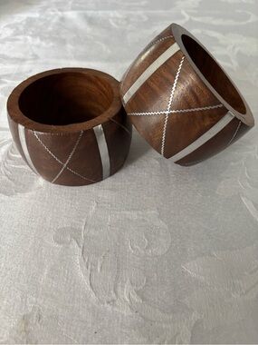 Bangle 2 Bracelets, Wood With Silver Metal Inlay Design, Chunky 2” Wide, Antika